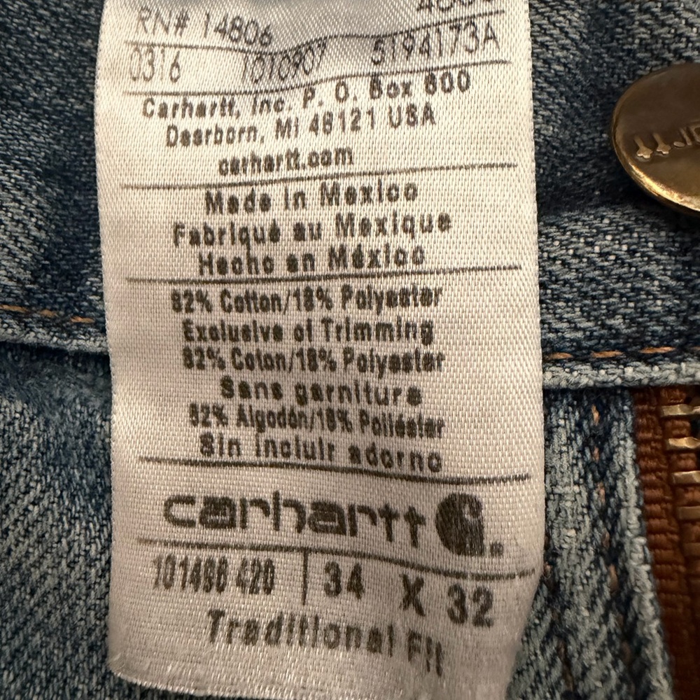 Carhartt Traditional Fit Jeans 34x32 Mens Light Wash Workwear Denim - Picture 3 of 3